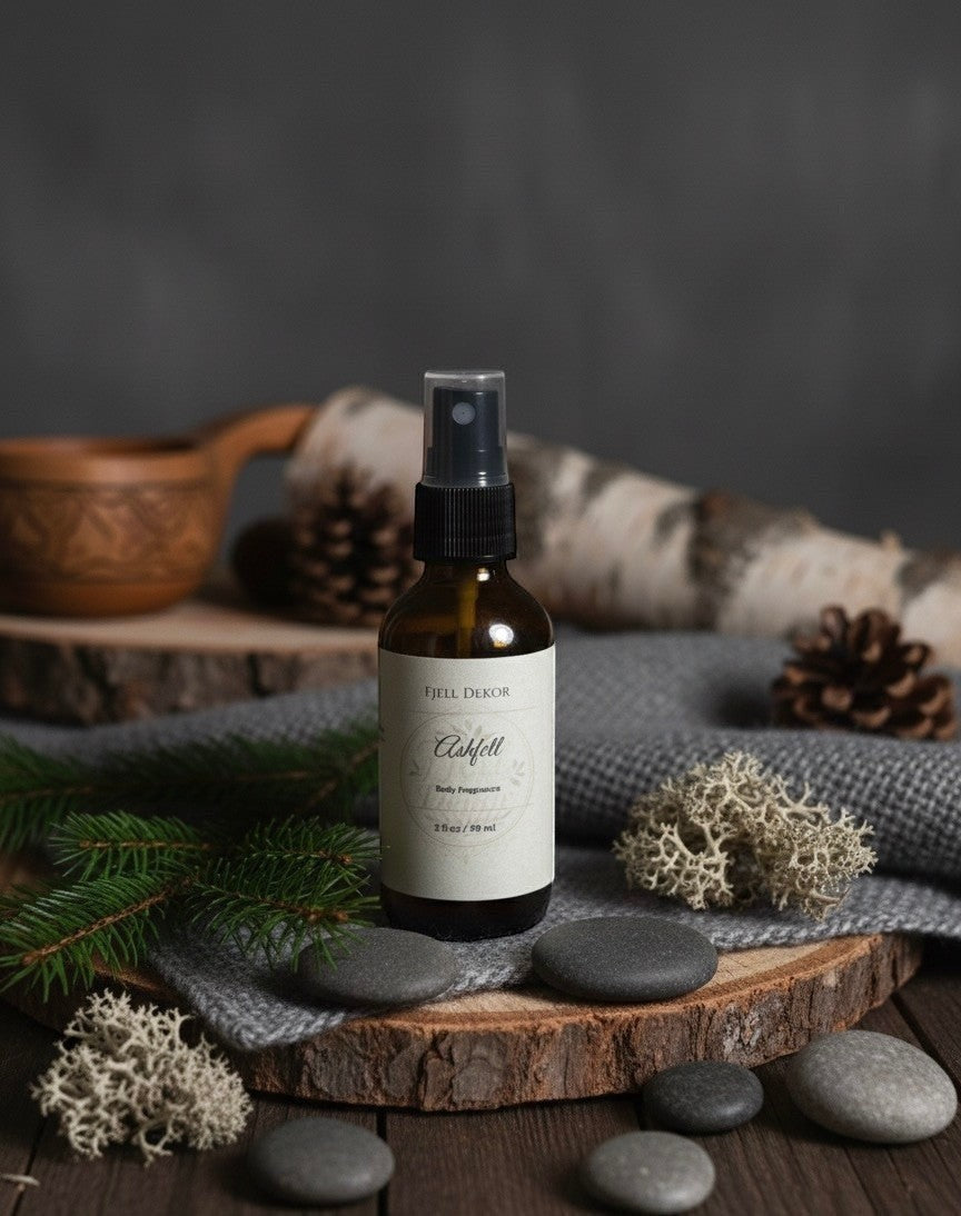 Fjell Dekor Ashfell body mist in an amber glass spray bottle, styled with wood, pine needles, and stones.