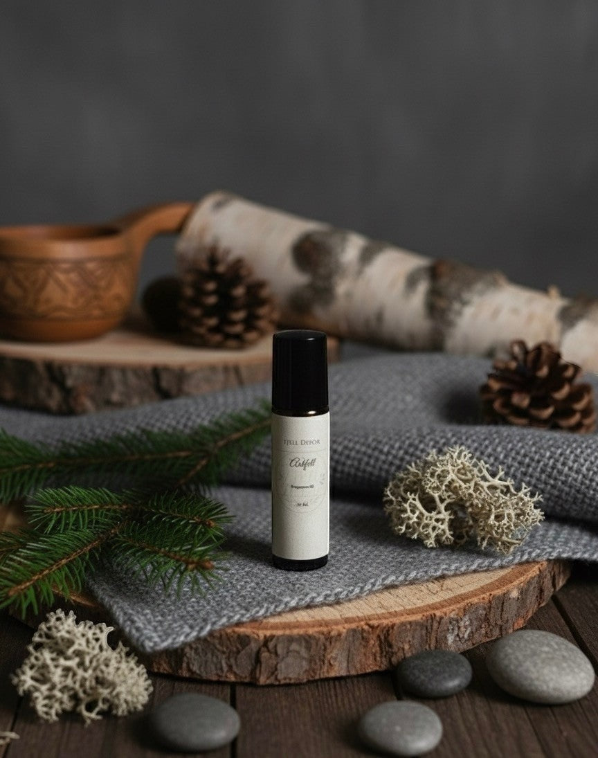 Fjell Dekor Ashfell 10ml fragrance rollerball on a rustic wooden slice with pine needles, birch bark, and grey fabric.