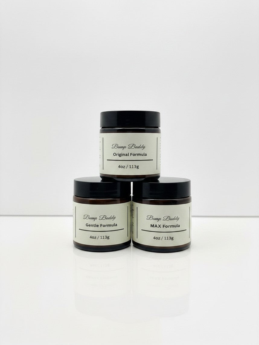 Fjell Dekor Bump Buddy 4oz balm jars in Gentle, Original, and Max formulas stacked on a white surface.