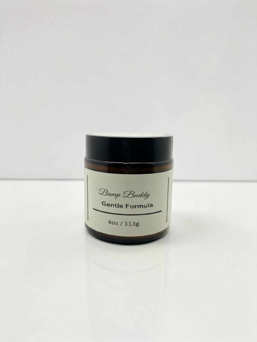 Fjell Dekor Bump Buddy Gentle Formula 4oz soothing skin balm in an amber glass jar with a black lid.