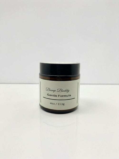 Fjell Dekor Bump Buddy Gentle Formula 4oz soothing skin balm in an amber glass jar with a black lid.