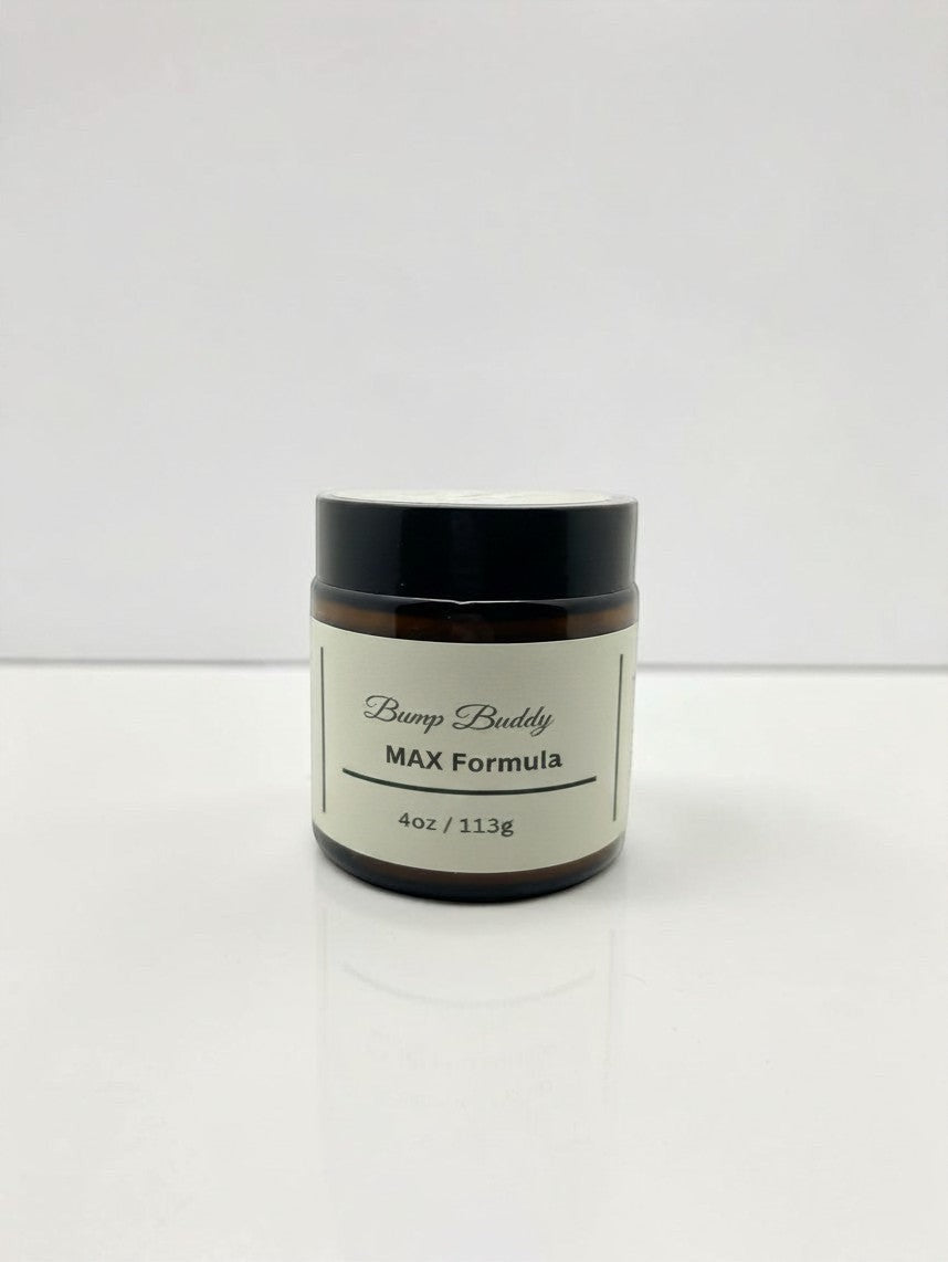 Fjell Dekor Bump Buddy Max Formula 4oz balm in an amber glass jar with a black lid for soothing irritated skin.