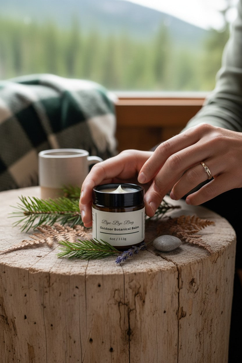 Fjell Dekor Bye-Bye Bug 4oz botanical balm in a glass jar held by hands on a rustic wooden stump with pine needles.