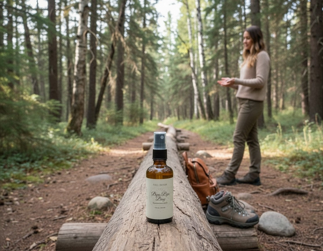 Fjell Dekor Bye-Bye Bug 2oz botanical mist spray bottle resting on a forest log with a hiker in the background