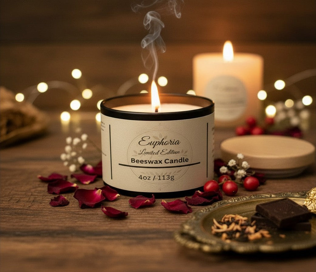 Fjell Dekor Euphoria 4oz beeswax candle burning on a wooden table with rose petals, berries, and soft fairy lights.
