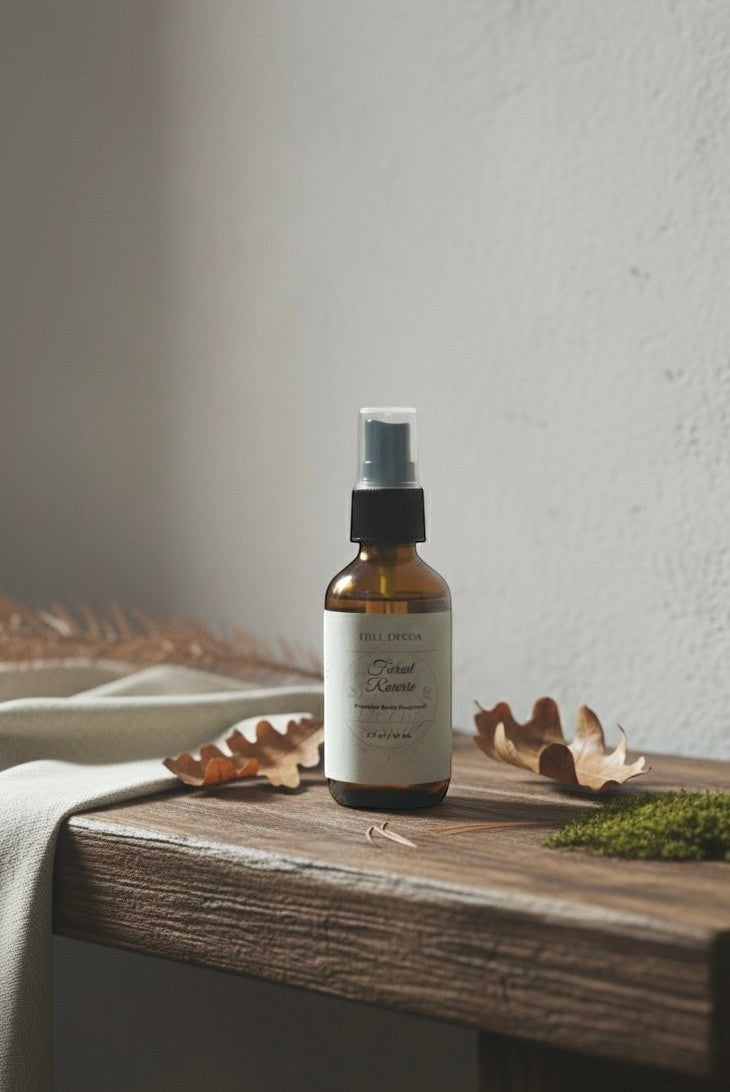Fjell Dekor Forest Reverie body mist in an amber glass spray bottle on a wooden surface with oak leaves and moss.