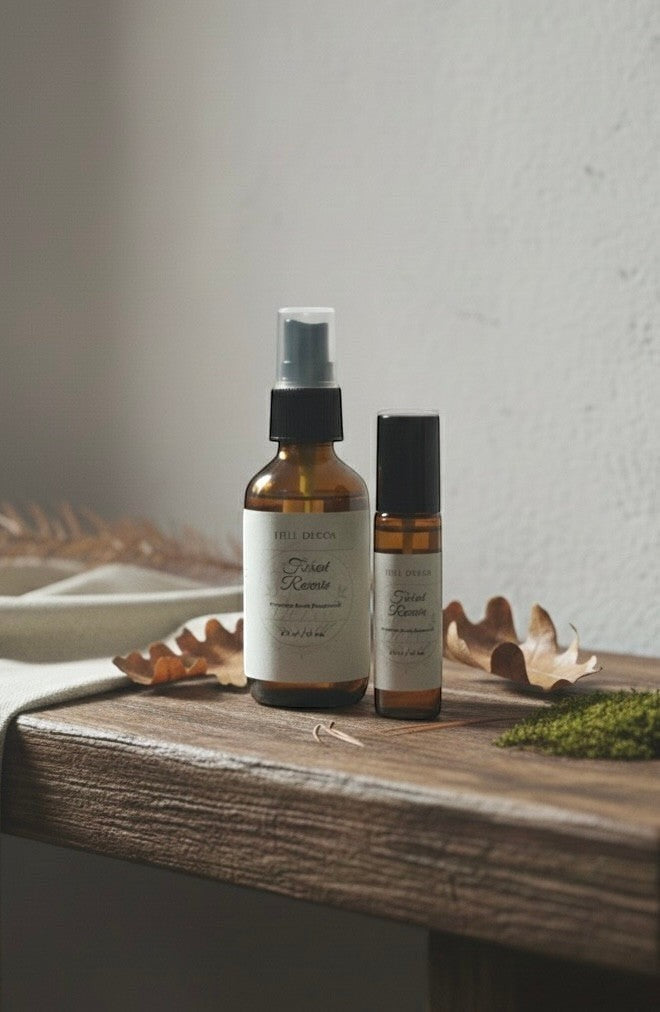Fjell Dekor Forest Reverie duo set with amber glass body mist spray and fragrance roller on a rustic wooden surface.