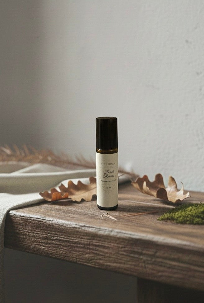 Fjell Dekor Forest Reverie 10ml fragrance rollerball with botanical essential oils on a rustic wooden surface with leaves.