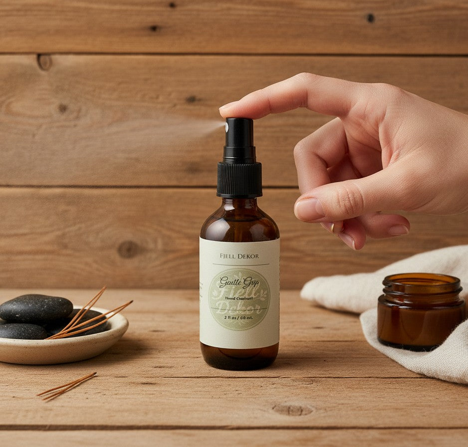 Fjell Dekor Gentle Grip hand cleanser in an amber spray bottle being used on a rustic wooden surface.