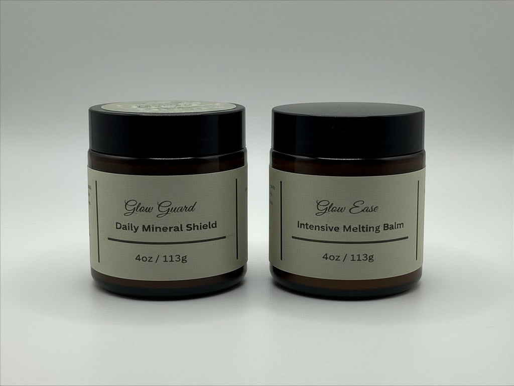 Fjell Dekor Glow Care Duo featuring Glow Guard daily mineral shield and Glow Ease intensive melting balm in amber jars.