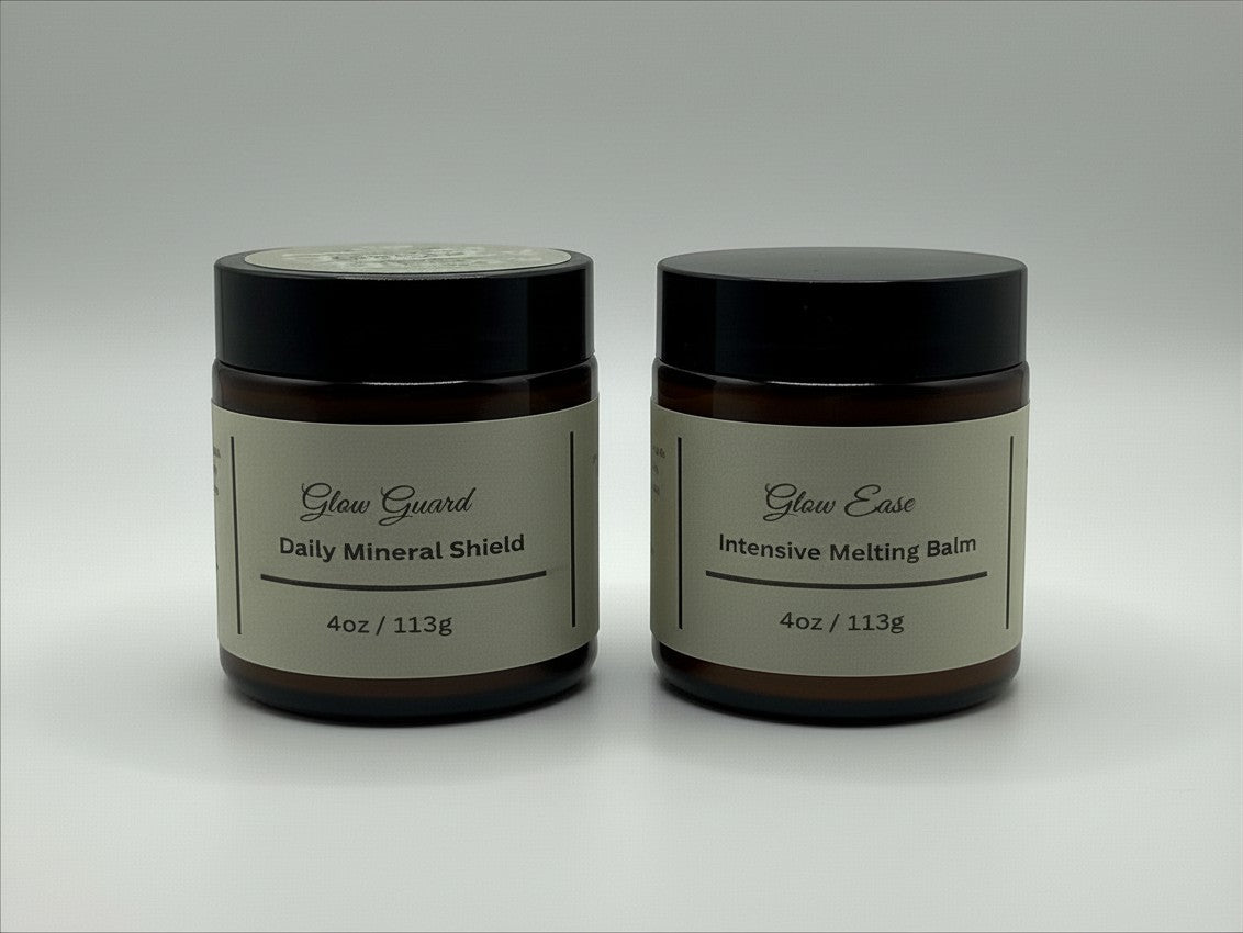 Fjell Dekor Glow Care Duo featuring Glow Guard daily mineral shield and Glow Ease intensive melting balm in amber jars.