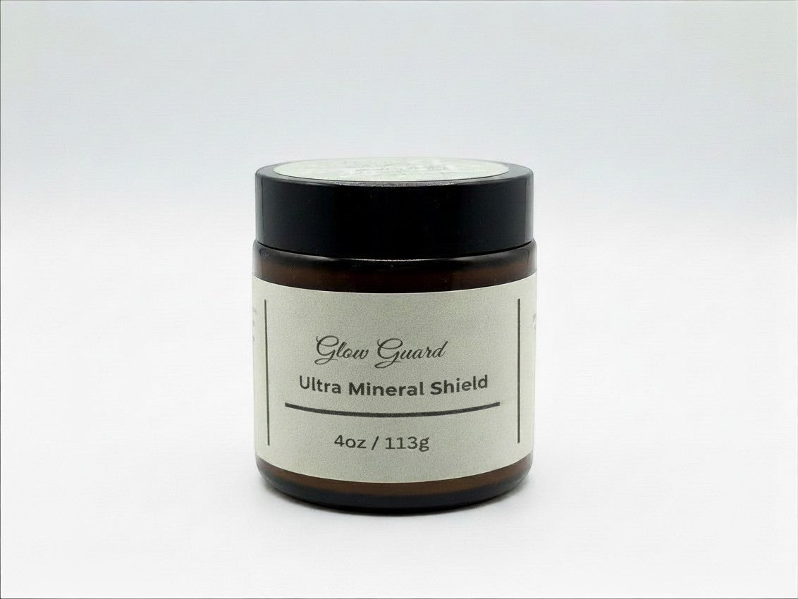 Fjell Dekor Glow Guard 4oz balm in an amber glass jar with a black lid, featuring a mineral shield formula.