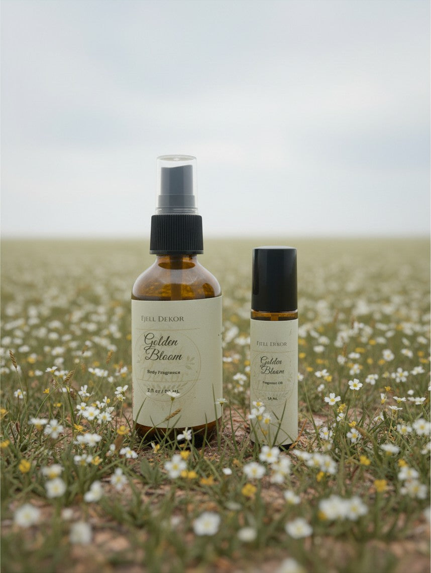 Fjell Dekor Golden Bloom body mist and fragrance roller set in amber glass bottles standing in a field of wildflowers.