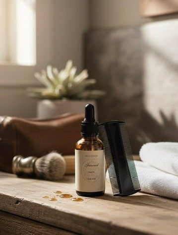 Fjell Dekor Ironwood beard oil bottle with dropper, grooming comb, and shaving brush on a rustic wooden surface.