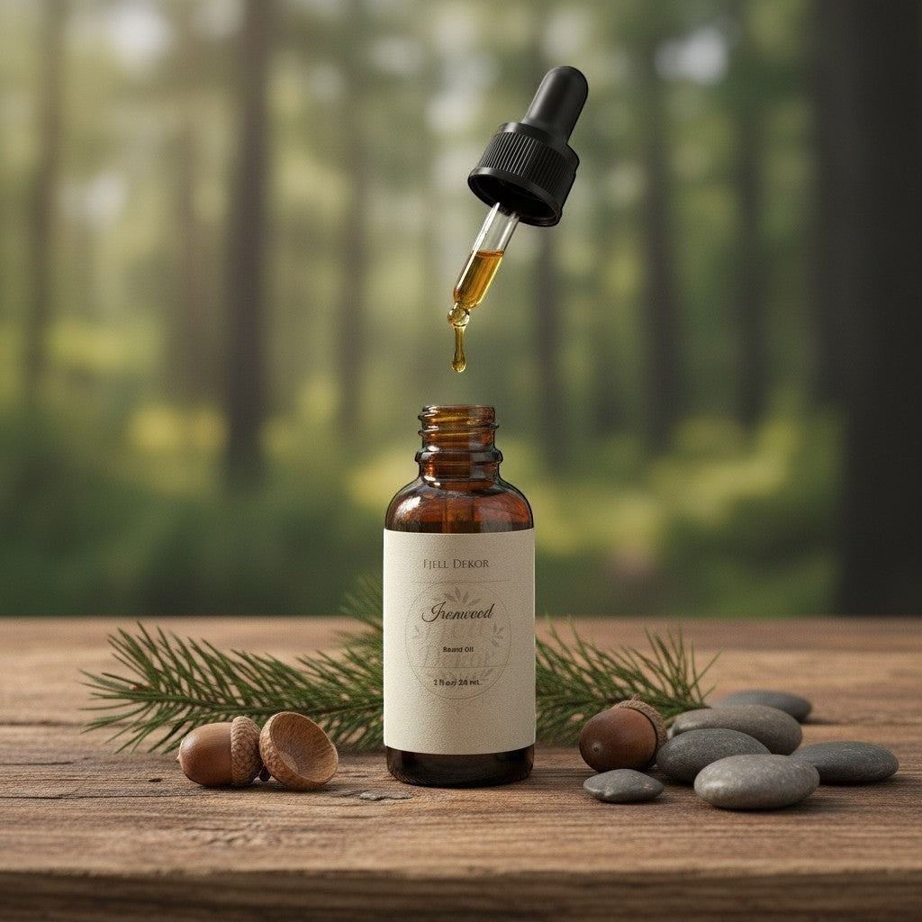 Fjell Dekor Ironwood beard oil in an amber glass bottle with a dropper, set on a rustic wooden table with pine needles