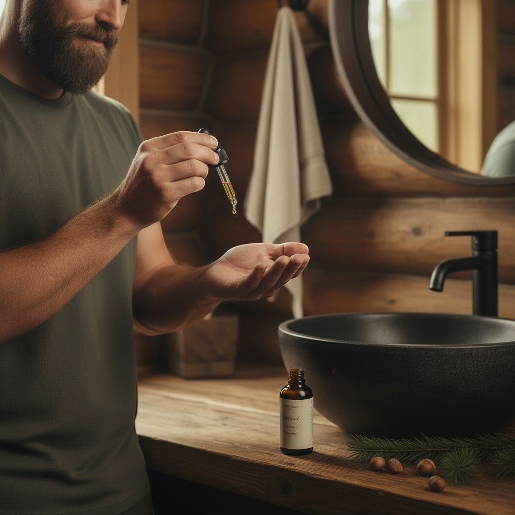Fjell Dekor Ironwood beard oil dropper held by a man in a rustic log cabin bathroom with natural wood accents.