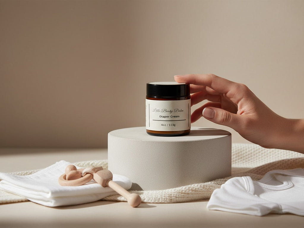 Fjell Dekor Little Booty Diaper Balm in a 4oz amber glass jar on a pedestal with baby accessories
