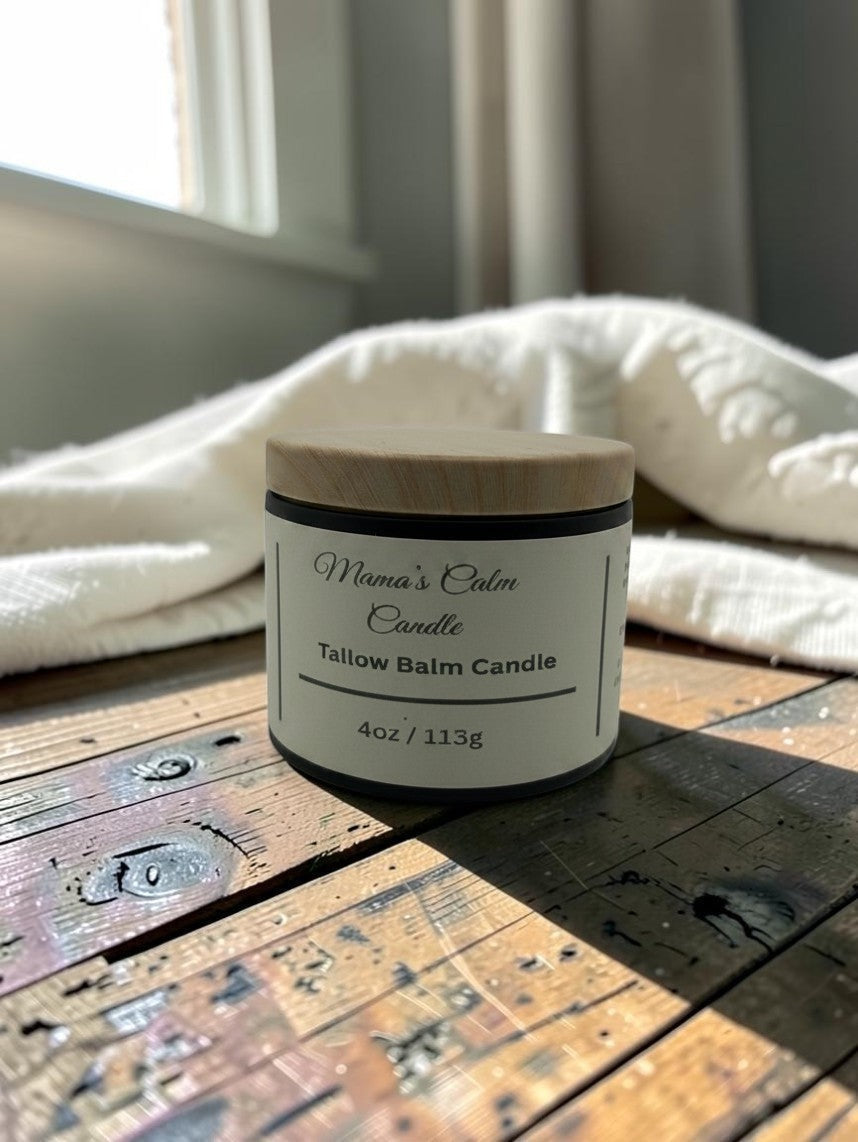 Fjell Dekor Mama’s Calm Tallow Balm 4oz candle in a black jar with a wooden lid for aromatherapy and skin moisturizing.