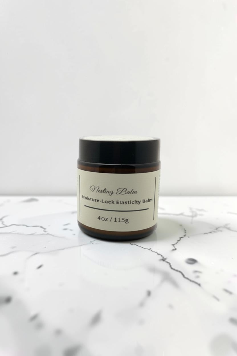 Fjell Dekor Nesting Balm moisture-lock elasticity balm in a 4oz amber glass jar with a black lid