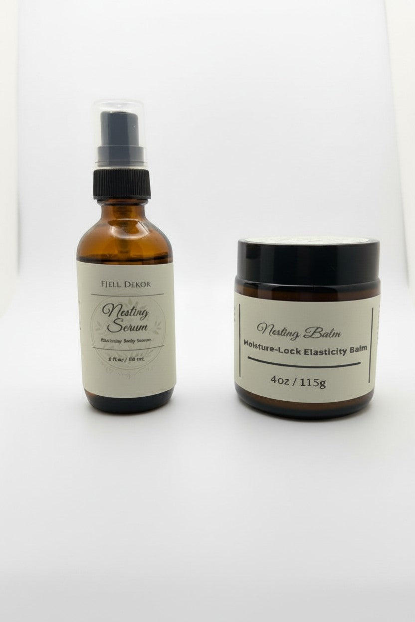 Fjell Dekor Nesting Bundle featuring a brown glass serum spray bottle and a matching moisture-lock elasticity balm jar