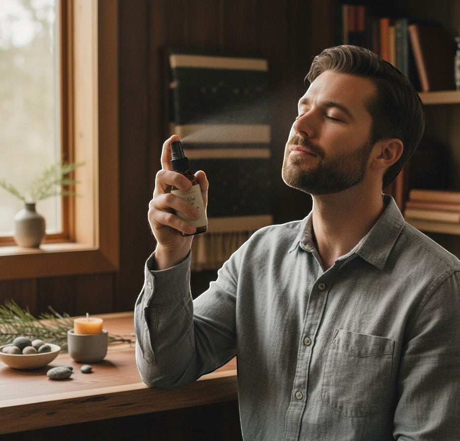 Fjell Dekor Oak and Smoke botanical body mist being sprayed by a man in a cozy, rustic wooden cabin setting.