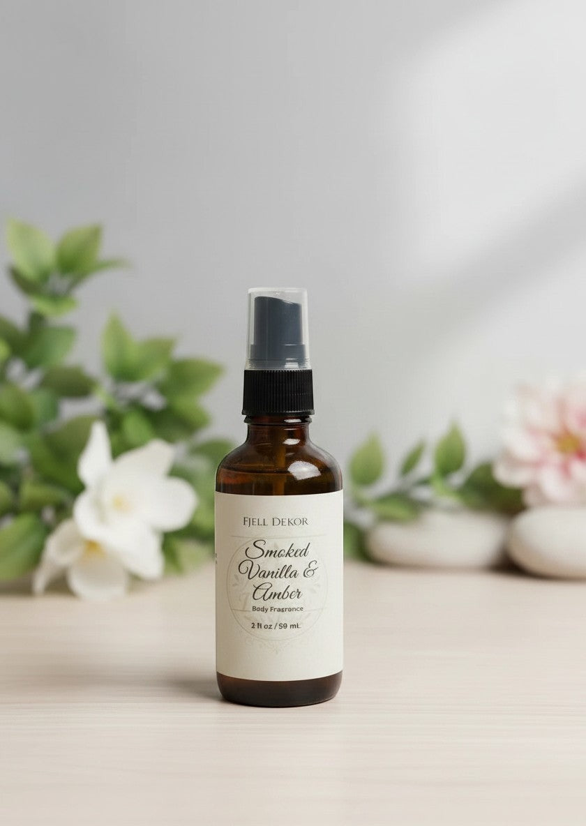 Fjell Dekor Smoked Vanilla & Amber 2oz body fragrance mist in an amber glass spray bottle on a light wooden surface.