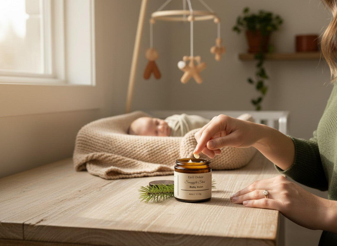 Fjell Dekor Snuggle Skin Baby Balm 4oz in an amber glass jar held by a woman in a nursery setting.