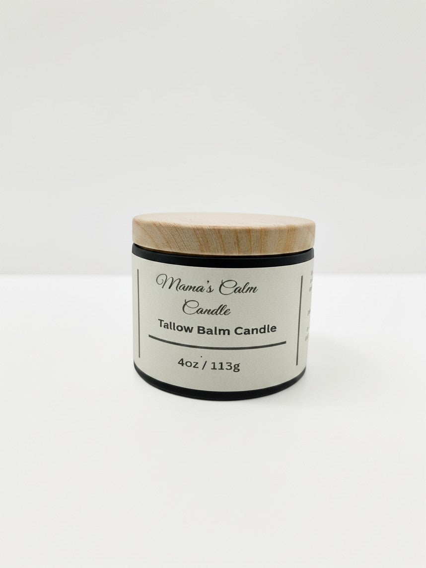 Fjell Dekor Mama’s Calm 4oz tallow balm candle in a black jar with a light wood lid for moisturizing aromatherapy