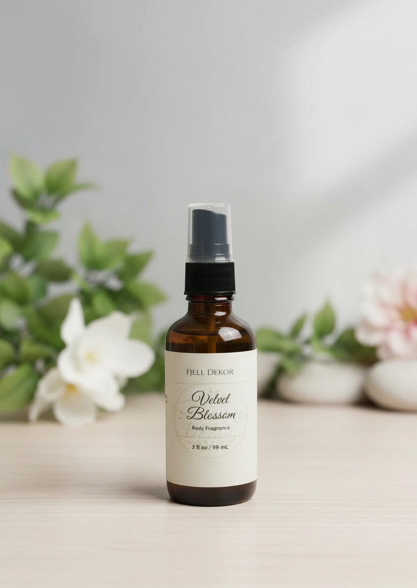 Fjell Dekor Velvet Blossom 2oz botanical body fragrance in an amber glass spray bottle with a minimalist label.