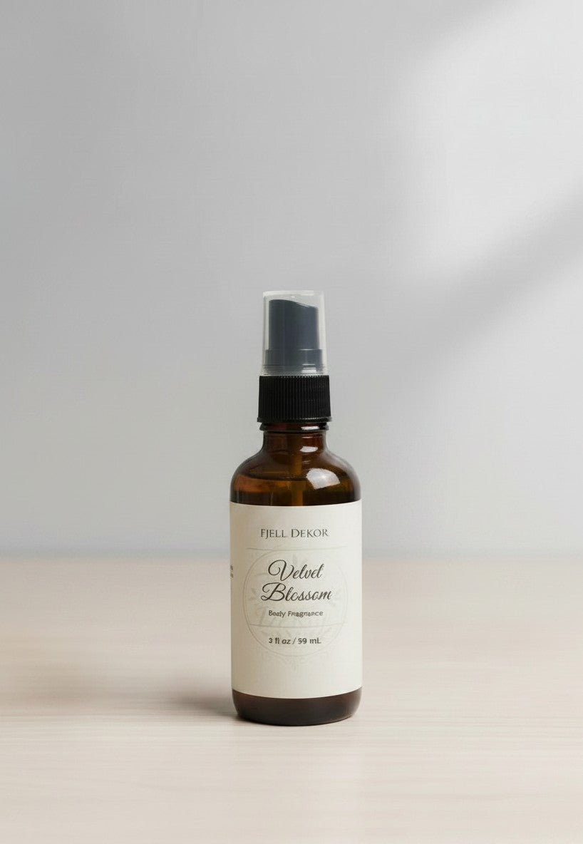 Fjell Dekor Velvet Blossom 2oz botanical body fragrance in an amber glass spray bottle on a light wooden surface.