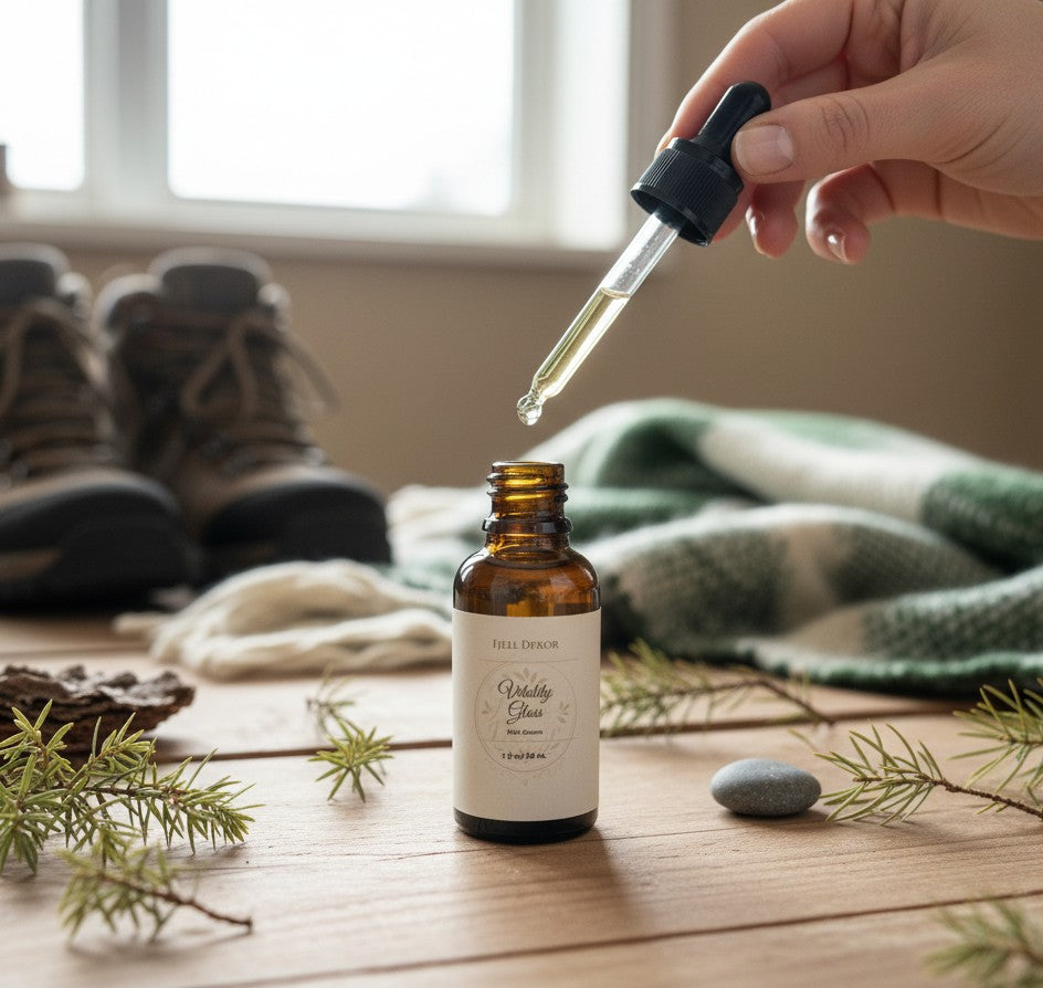 Fjell Dekor Vitality Gloss hair serum in an amber glass dropper bottle being applied on a rustic wooden table.